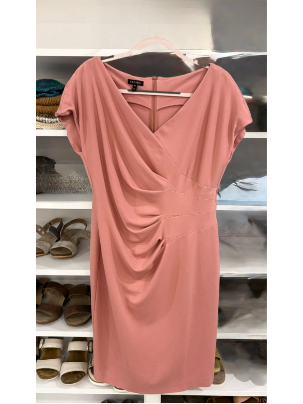 ESCADA Dusty Rose Ruched Sheath Dress Size 16 Designer Career Cocktail